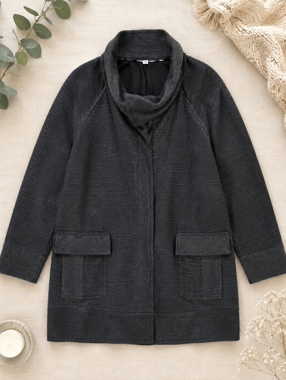 Diane von Furstenberg Black Textured Coat 12 Wool Silk Blend
